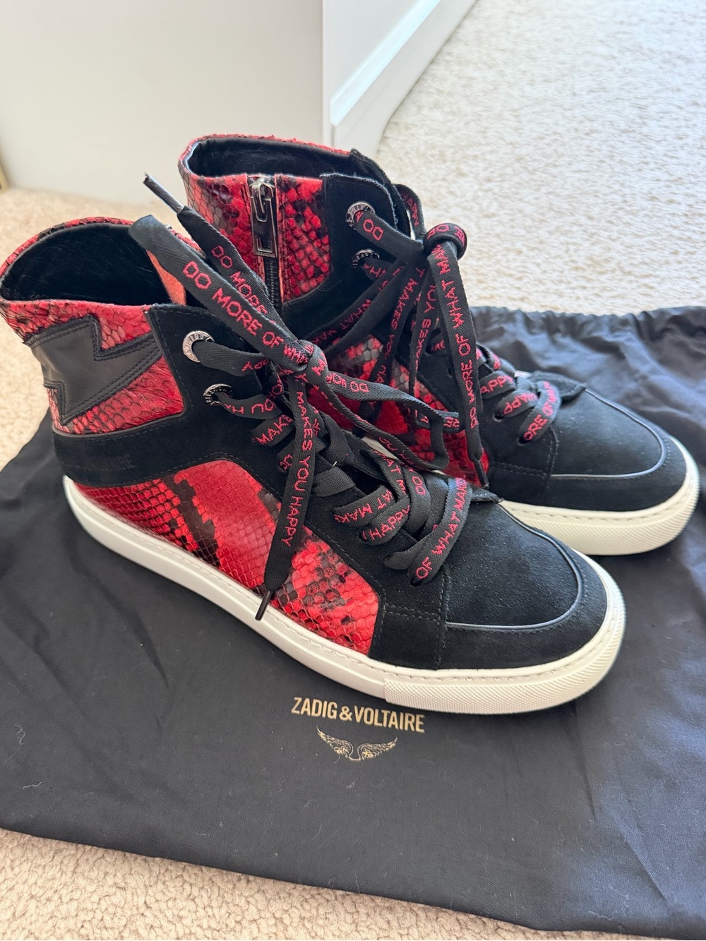 Zadig & Voltaire High-Top Snake Print Sneakers | Red & Black Leather | Size 38